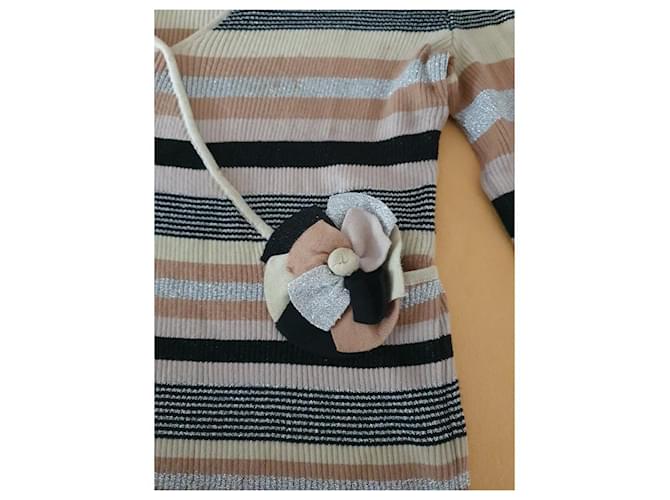 Chanel Striped Camelia Flower Oberteil / Pullover Schwarz Mehrfarben Beige - Ansicht 4