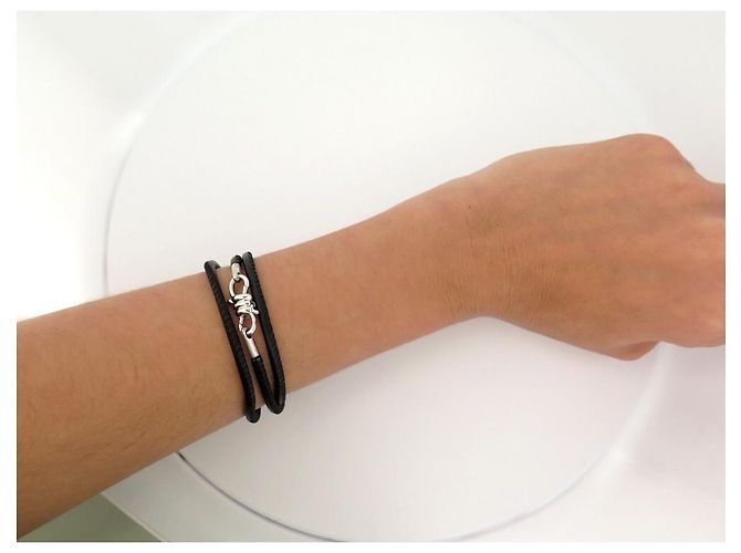 BRACCIALE NUOVO DODO POMELLATO NODO DBB9100 in argento 925 & PELLE NERA 14 cm argento Nero - vista 6