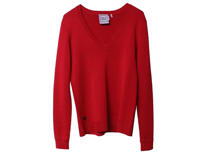 Herve Leger V-neck Sweater in Red Rayon - view 4