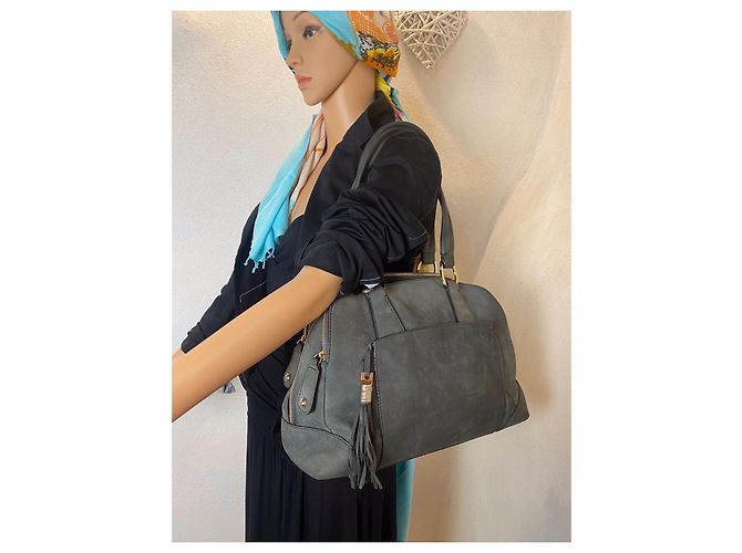 Borsa Lancel Mademoiselle Adjani in velluto di pelle grigio antracite - vista 2