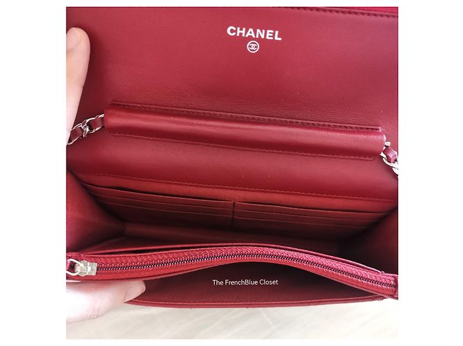 Wallet On Chain Cartera Chanel de piel de cordero roja con cadena SHW - vista 7