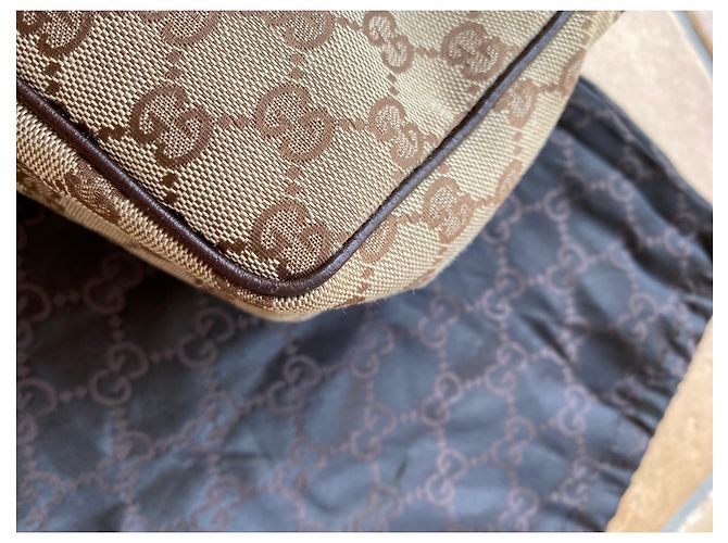 Borsa Baguette Gucci Beige Marrone Monogramma Pelle - vista 14