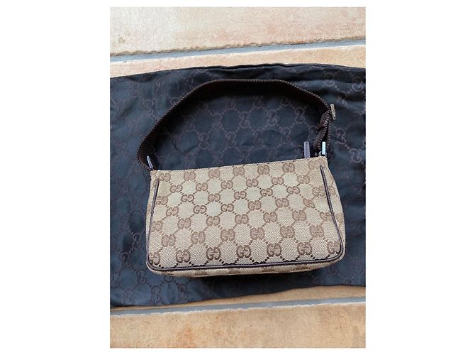 Borsa Baguette Gucci Beige Marrone Monogramma Pelle - vista 2