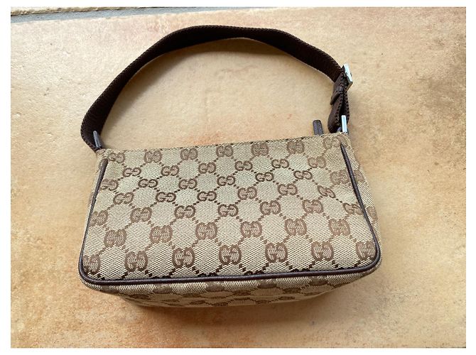 Borsa Baguette Gucci Beige Marrone Monogramma Pelle - vista 6