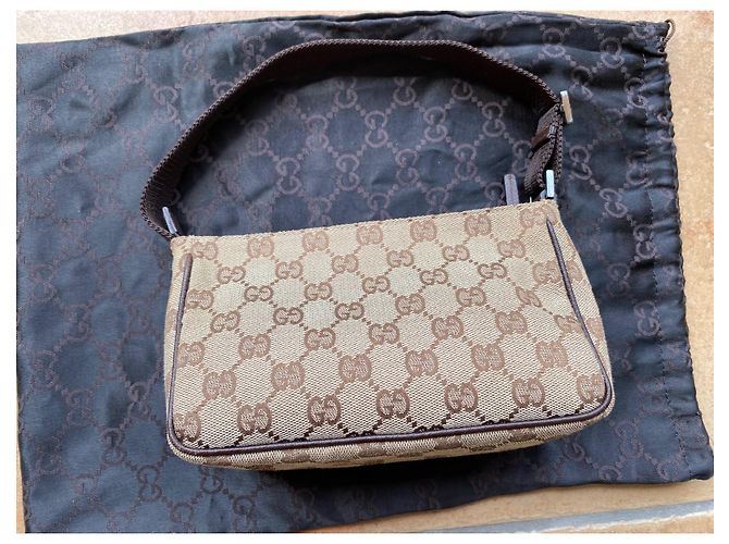 Borsa Baguette Gucci Beige Marrone Monogramma Pelle - vista 8