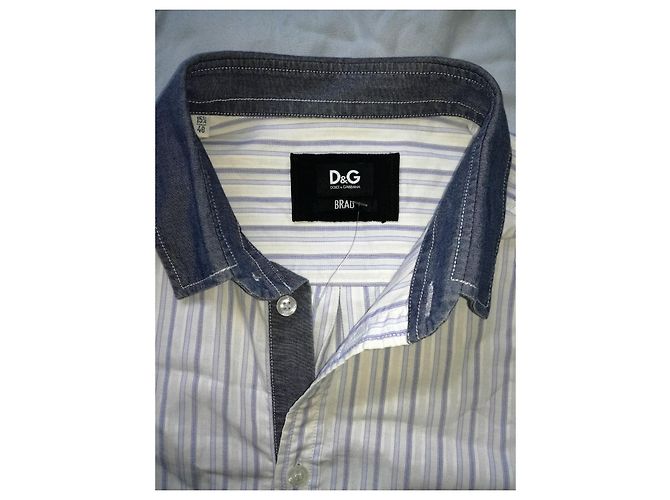 Dolce & Gabbana BRAD - Gestreiftes weißes Baumwollhemd, Blaue Zierleiste, Sicherheitshologramm - Ansicht 4