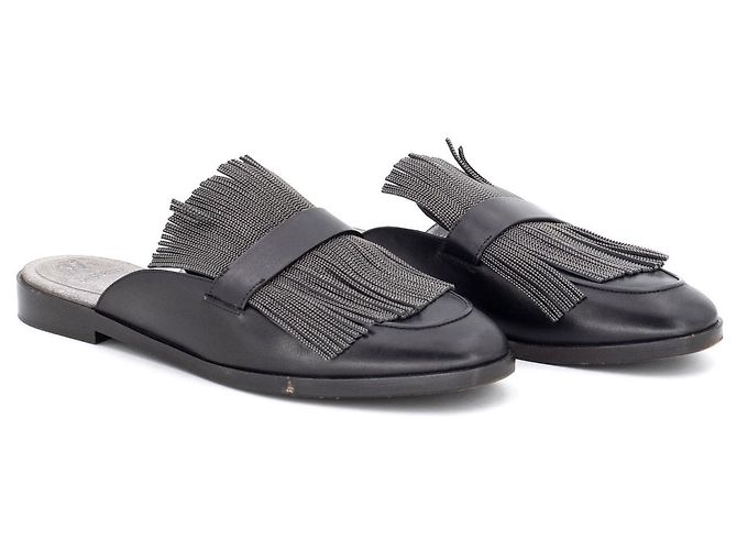 Mules Brunello Cucinelli in pelle nera con perline Precious argento - vista 2