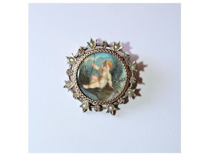 Autre Marque Spilla tonda Putto in argento e vermeil con perle Grigio - vista 7