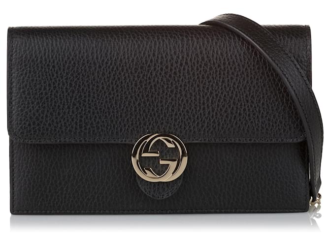 Gucci Black Interlocking G Chain Leather Wallet on Chain Ponystyle