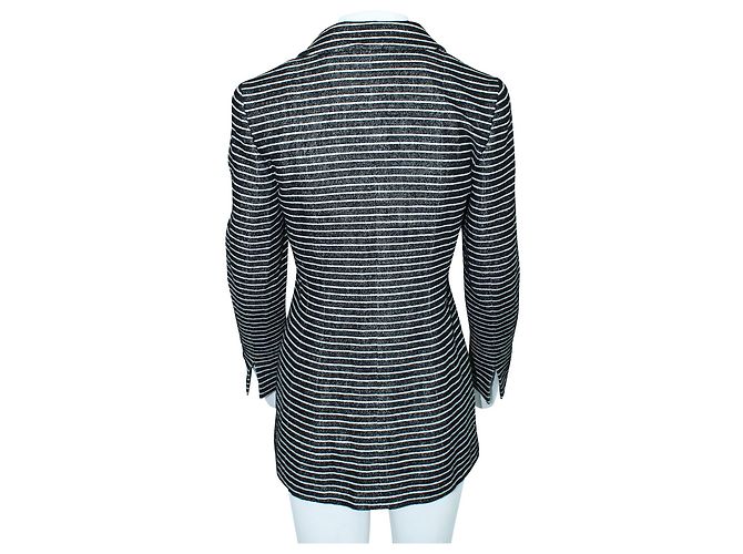 Classique Chanel Veste Vintage à Rayures avec Broderie Fleur de Camélia Noir - vista 3