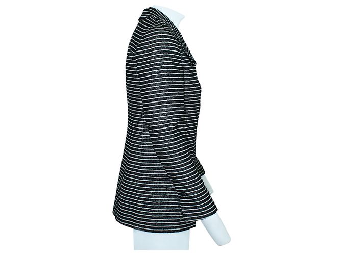 Classique Chanel Veste Vintage à Rayures avec Broderie Fleur de Camélia Noir - vista 4