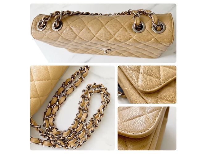 Timeless Chanel Bolsa Classic Flap Jumbo em couro caviar bege Cru - vista 7