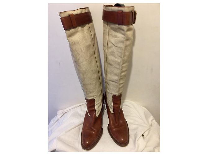 Botas de montar Barbara Bui de piel y lino Castaño Beige - vista 3