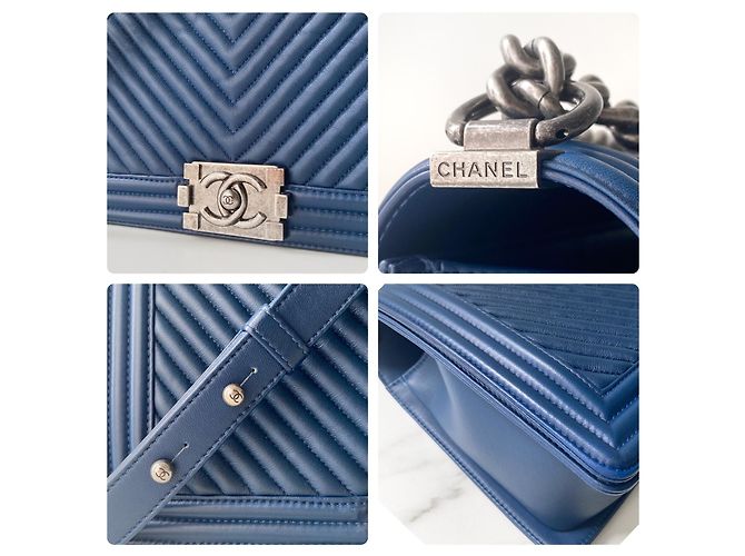 Chanel New Medium Boy Blaue Chevron Lammleder gesteppte Tasche Marineblau - Ansicht 8