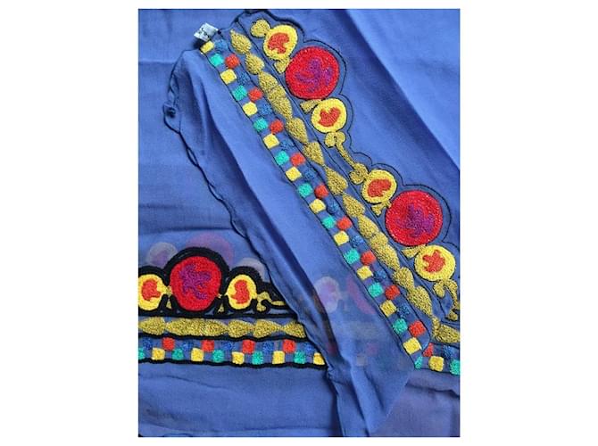 Sciarpa Philippe Model in Mussola di Seta Blu con Ricami Rosso Multicolore Giallo - vista 5