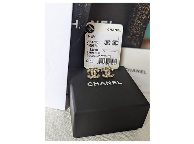 Chanel CC E18V Logo Classic Pearl Crystal GHW Pendientes caja recibo Dorado - vista 5