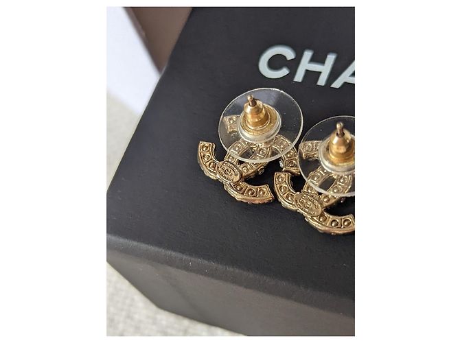 Chanel CC E18V Logo Classic Pearl Crystal GHW Pendientes caja recibo Dorado - vista 6