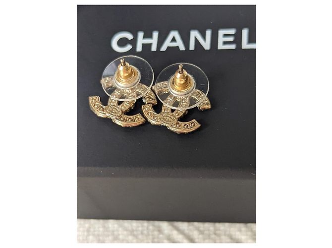 Chanel CC E18V Logo Classic Pearl Crystal GHW Pendientes caja recibo Dorado - vista 7