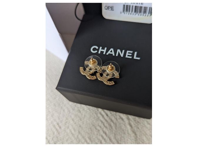 Chanel CC E18V Logo Classic Pearl Crystal GHW Pendientes caja recibo Dorado - vista 9
