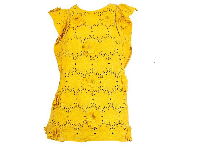 Michael by Michael Kors Top camicetta con ricamo floreale in seta gialla con volant Dimensioni 2 Giallo - vista 6