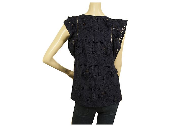 Michael by Michael Kors Blue Silk Blumenstickerei Rüschen Top Blusengröße 2 Blau - Ansicht 2
