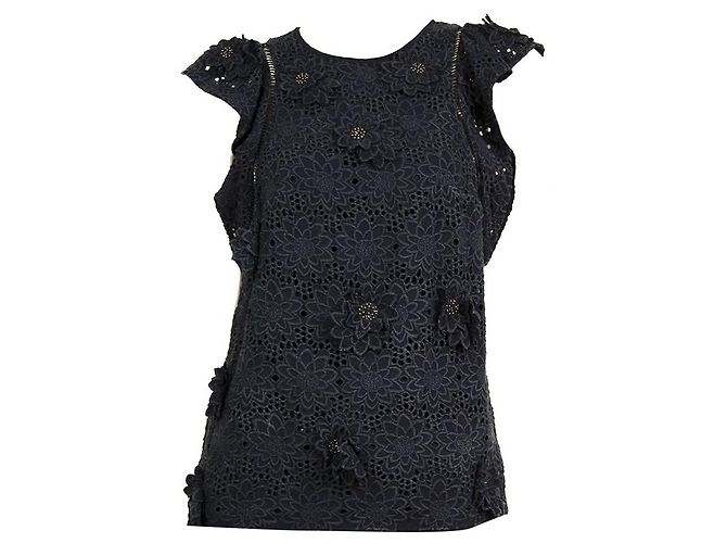 Michael by Michael Kors Blue Silk Blumenstickerei Rüschen Top Blusengröße 2 Blau - Ansicht 5
