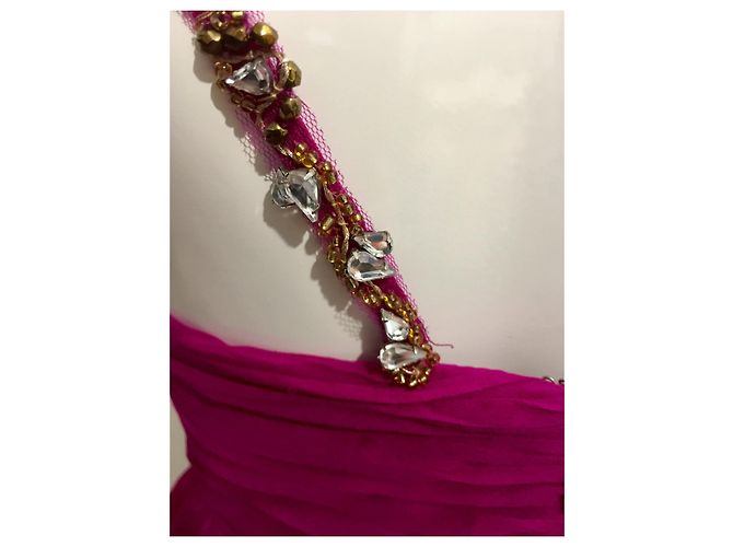 Vestido de chiffon de seda Marchesa Notte com alças cravejadas Rosa Fuschia - vista 2
