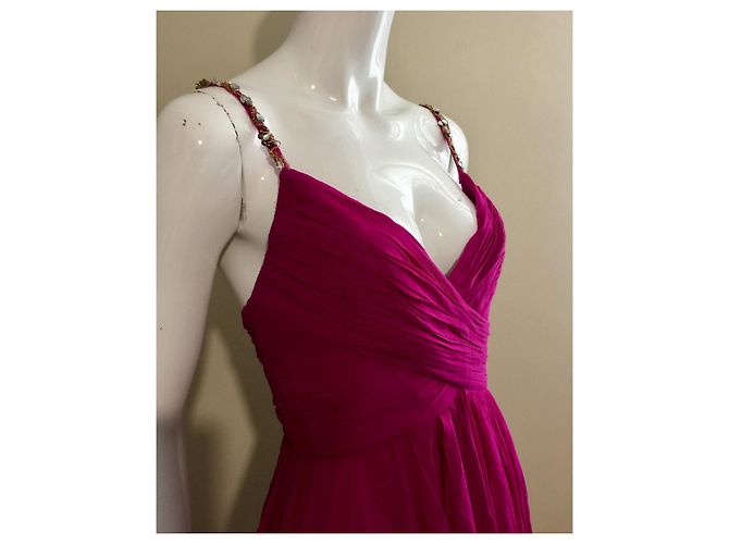 Vestido de chiffon de seda Marchesa Notte com alças cravejadas Rosa Fuschia - vista 3