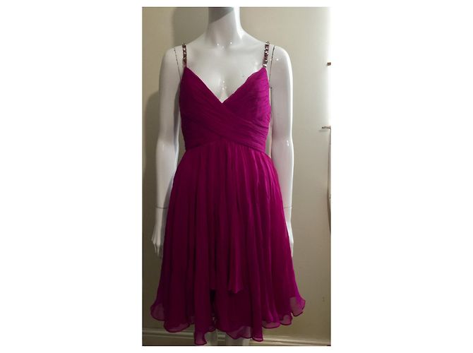 Vestido de chiffon de seda Marchesa Notte com alças cravejadas Rosa Fuschia - vista 4