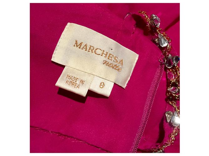 Vestido de chiffon de seda Marchesa Notte com alças cravejadas Rosa Fuschia - vista 6