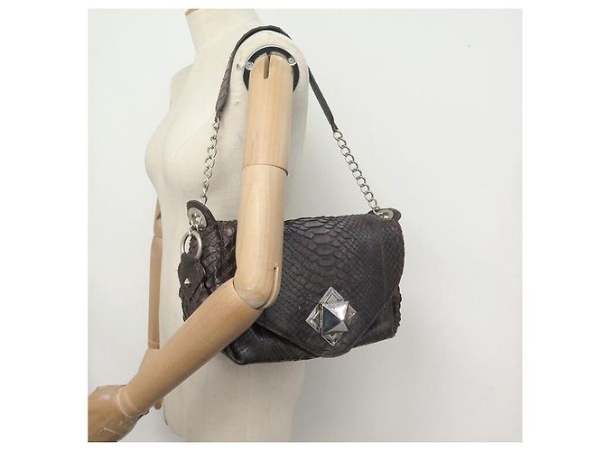 SAC A MAIN SONIA RYKIEL 30 CM EN CUIR FACON PYTHON MARRON LEATHER HAND BAG PURSE - vue 6