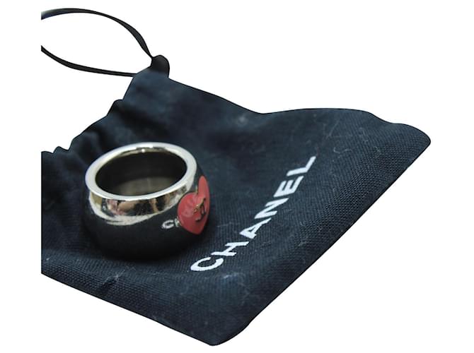 Chanel Anello "CC" con cuore metallico rosa e argento - vista 3