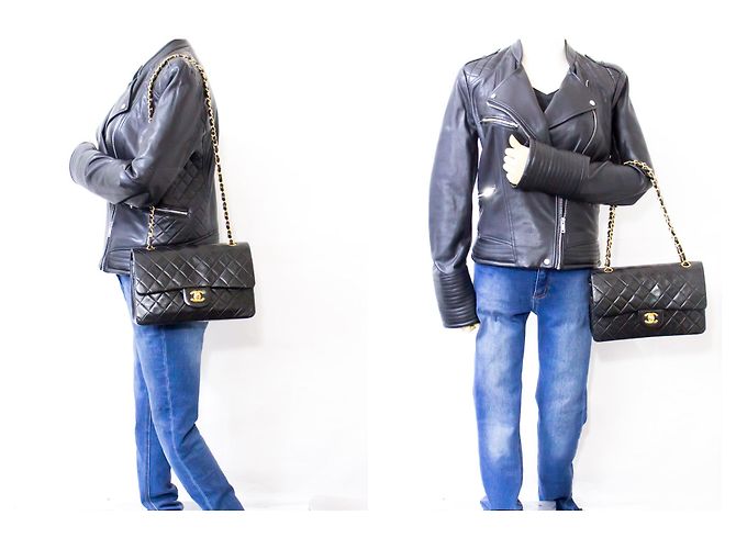 Chanel 2.55 Borsa a tracolla a catena media con patta foderata Pelle di agnello nera Nero - vista 12