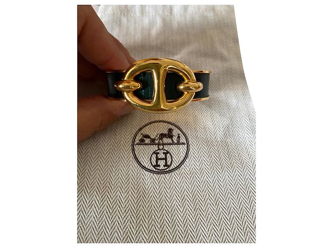 Autre Marque Hermès Bracciale Anello Catena d'Ancora Pelle Reptile Verde Scuro Oro - vista 2