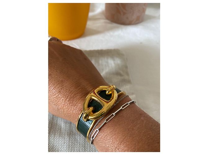 Autre Marque Hermès Bracciale Anello Catena d'Ancora Pelle Reptile Verde Scuro Oro - vista 6