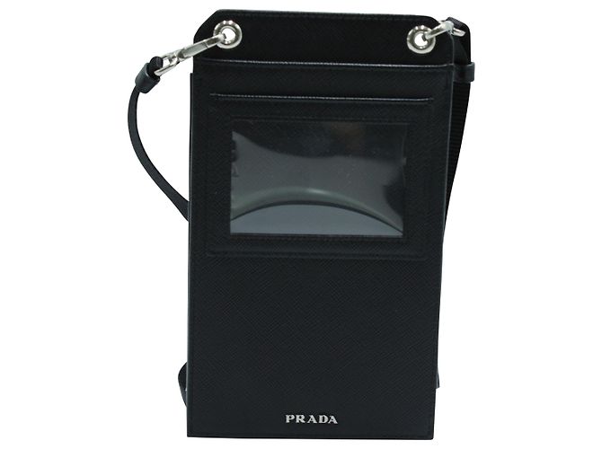 Saffiano Prada Logo Patch Phone Case in Black Leather - view 2