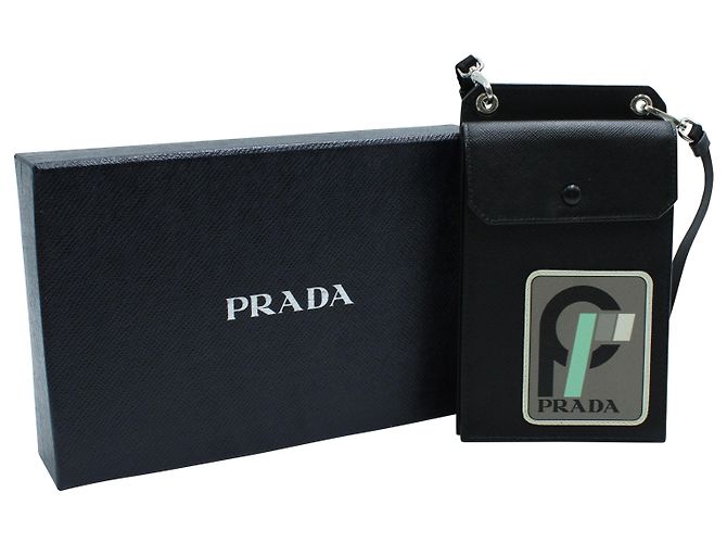 Saffiano Prada Logo Patch Phone Case in Black Leather - view 7