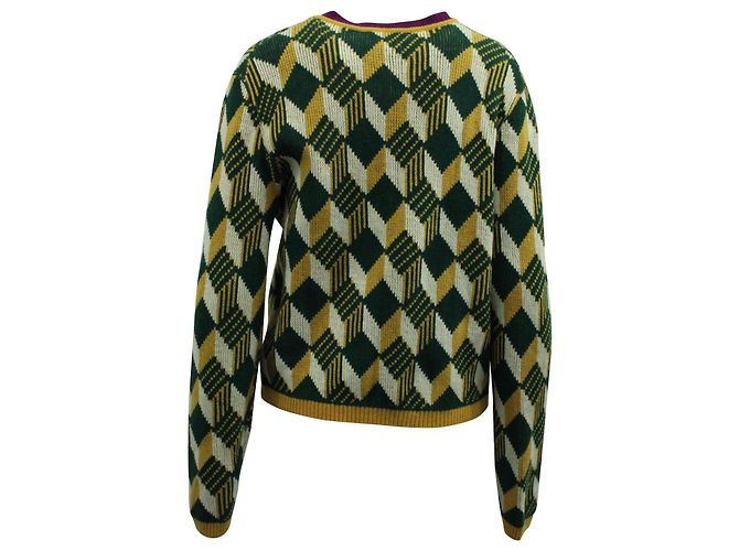 Alexa Chung Dreifarbiger Pullover mit V-Ausschnitt aus grüner Wollmischung - Ansicht 3