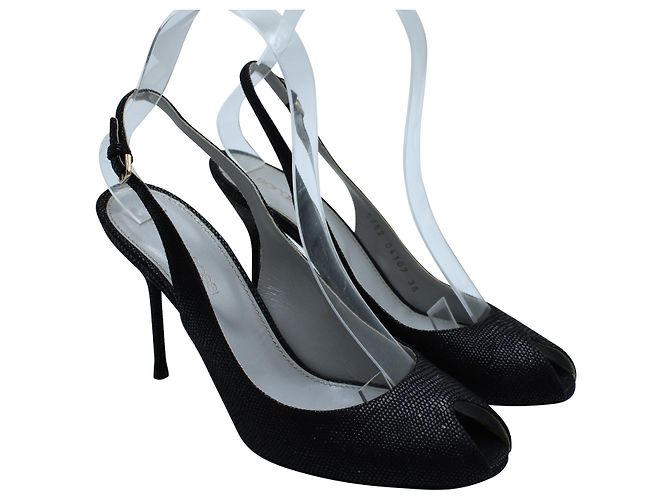 Slingback Sergio Rossi Peep Toe in pelle martellata nera Nero - vista 3