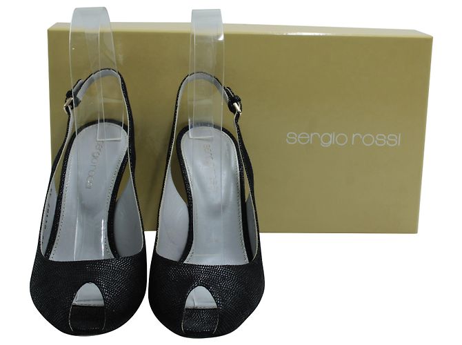 Slingback Sergio Rossi Peep Toe in pelle martellata nera Nero - vista 7