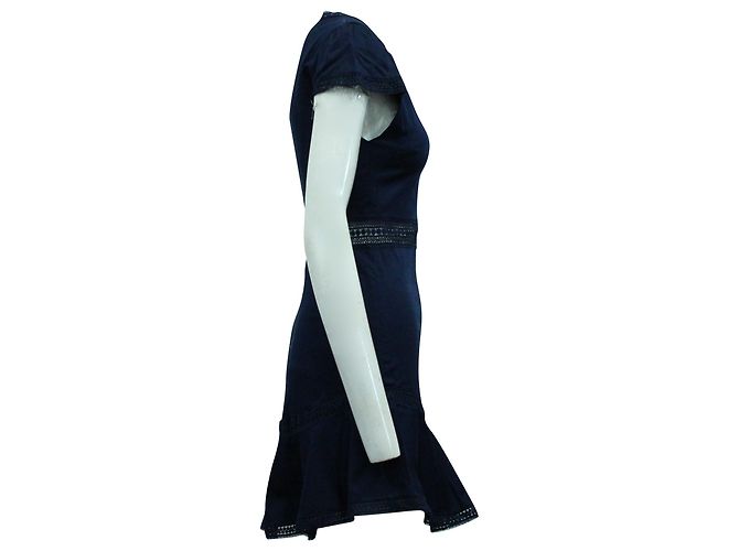 Alice + Olivia Vestido curto com painéis de renda em algodão azul marinho - vista 3