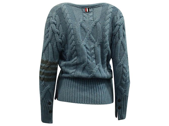 Thom Browne 4 Bar Zopfstrick-Cardigan aus blauer Wolle - Ansicht 3
