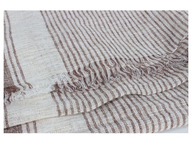 Brunello Cucinelli Sciarpa In Misto Lino A Righe In Beige. - vista 3