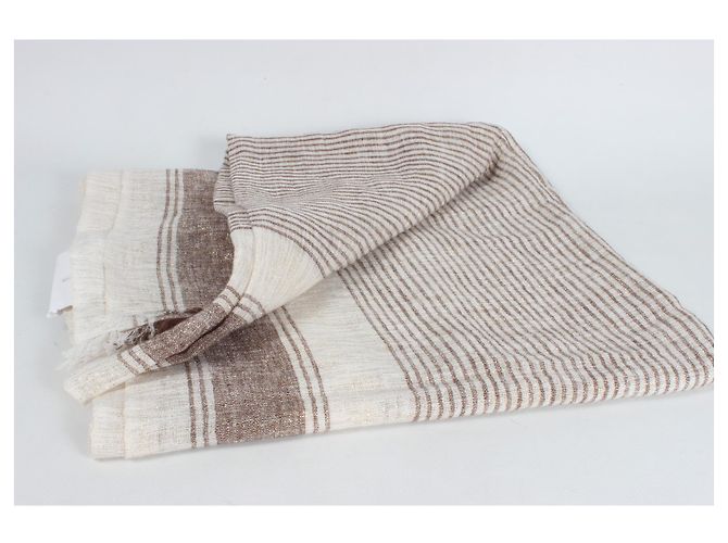 Brunello Cucinelli Sciarpa In Misto Lino A Righe In Beige. - vista 5
