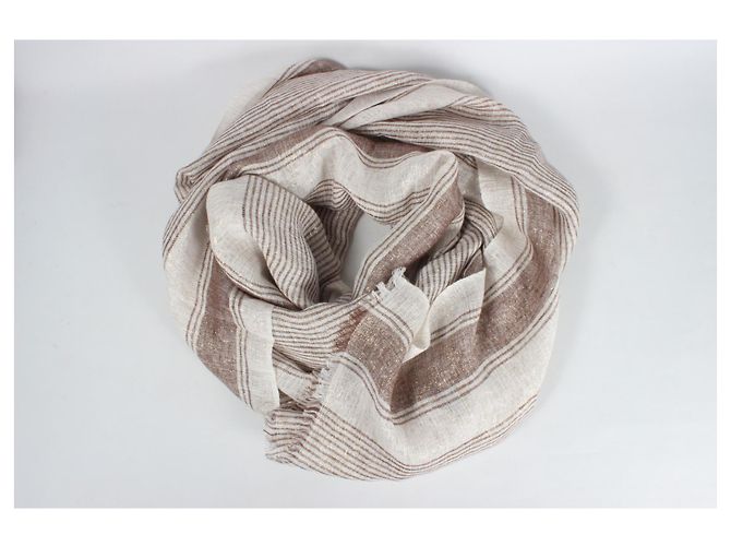 Brunello Cucinelli Sciarpa In Misto Lino A Righe In Beige. - vista 7