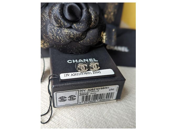 Chanel CC A13V Classic Kristall-Silber-Hardware-Logo-Ohrringe Box-Tag - Ansicht 9