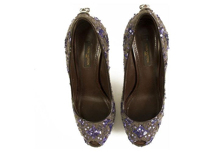 Louis Vuitton Oh Really Purple Paillettes Glitter Lock Platform Peep Toe Pumps 37 Multicolore - vista 2