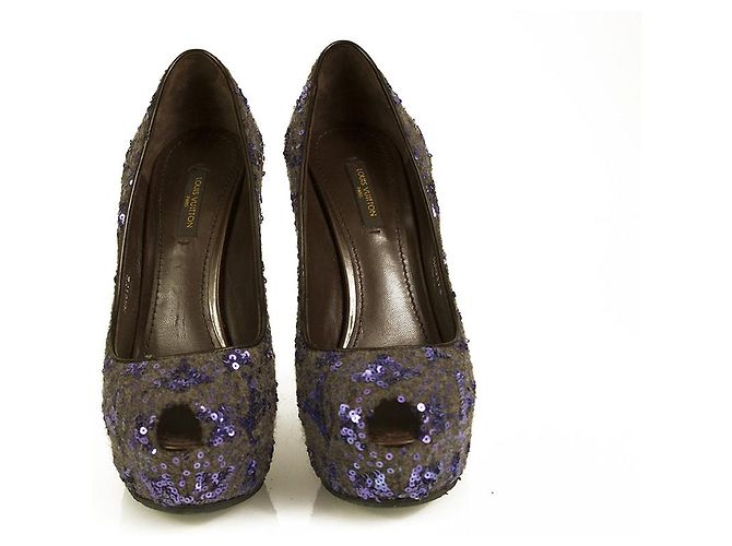 Louis Vuitton Oh Really Purple Paillettes Glitter Lock Platform Peep Toe Pumps 37 Multicolore - vista 8