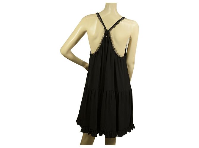 Dondup Schwarzes Viskose-Mini-Sleeveless-Layer-Spaghettikleid mit Rüschensaum Größe 40 - Ansicht 2