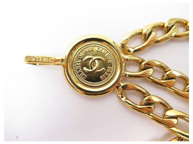 NEUER VINTAGE CHANEL KETTENGÜRTEL 3 ROWS MEDAILLON LOGO CC T 65 75 Gürtel Golden - Ansicht 4